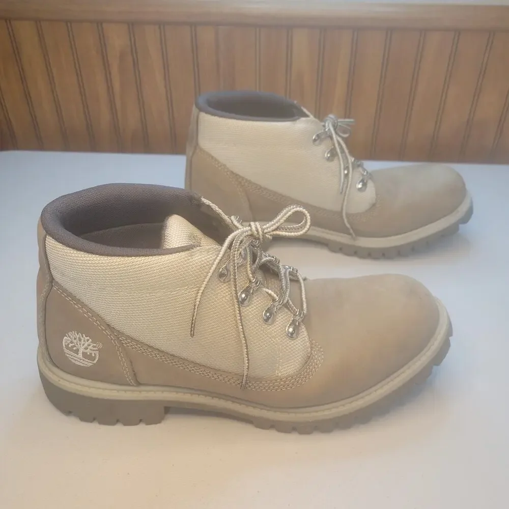 Timberland Men's Boots 8.5 Tan Nubuck Leather Canvas Chukka Trail Mid Lace